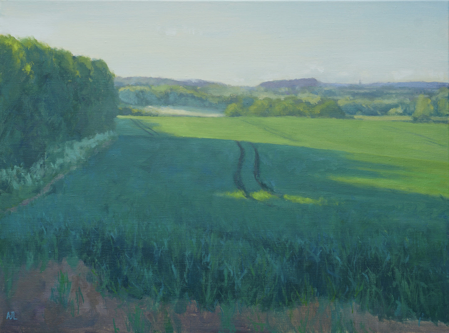 An original oil painting of a field in many tones of green. Strong sunlight causes vibrant green hues on the upper right, and deep shadows cut across the field from the left caused by a copse of trees and are especially dark in the central curved indented tyre tracks. It is a day in May when spring is turning towards summer. The artist has signed AJL in blue, for "Alex James Long", at the bottom left of the artwork. 