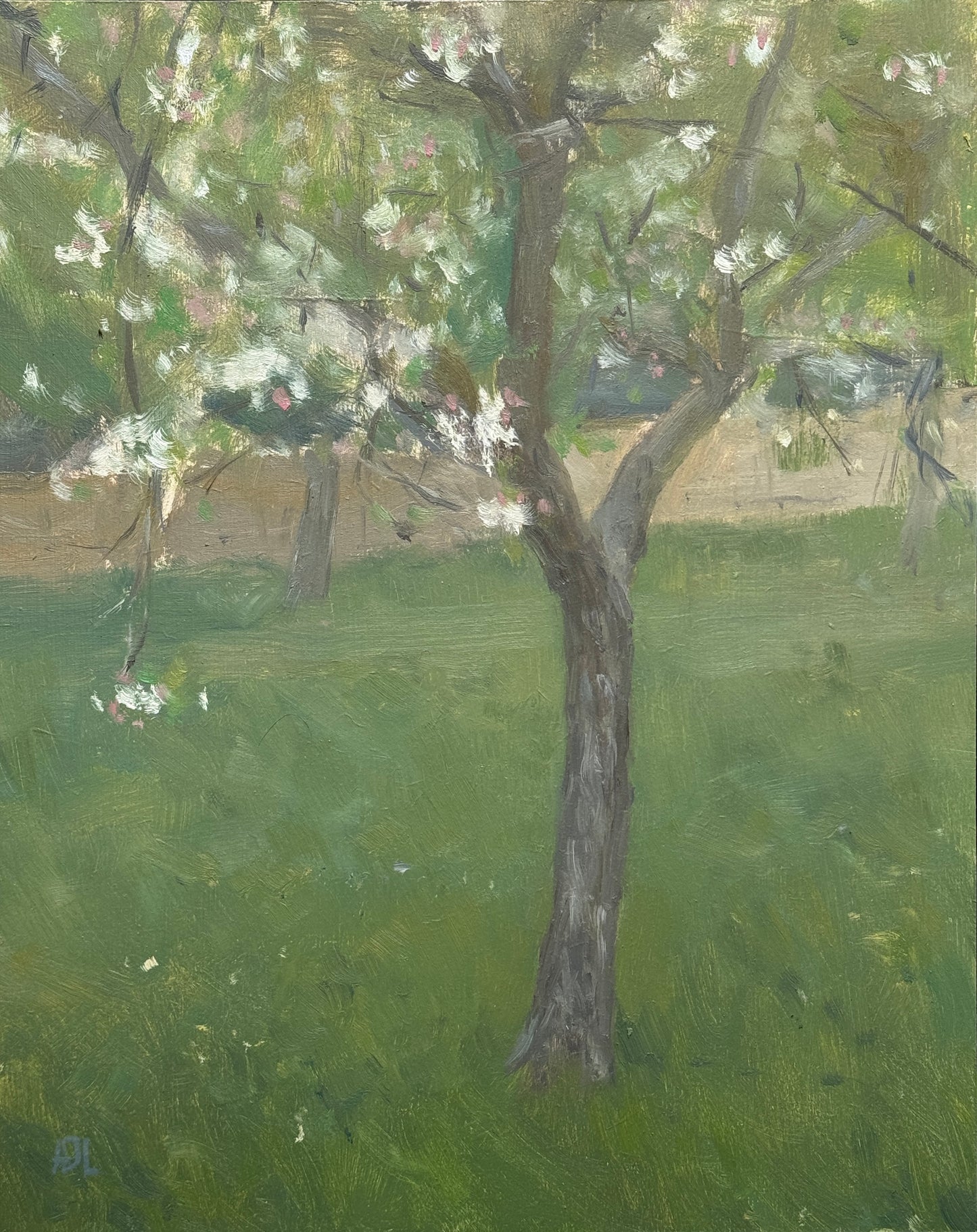 An impressionistic painting of a flowering apple tree in a grassy field, with white blossoms, green foliage, and a brown trunk, rendered in soft brushstrokes.