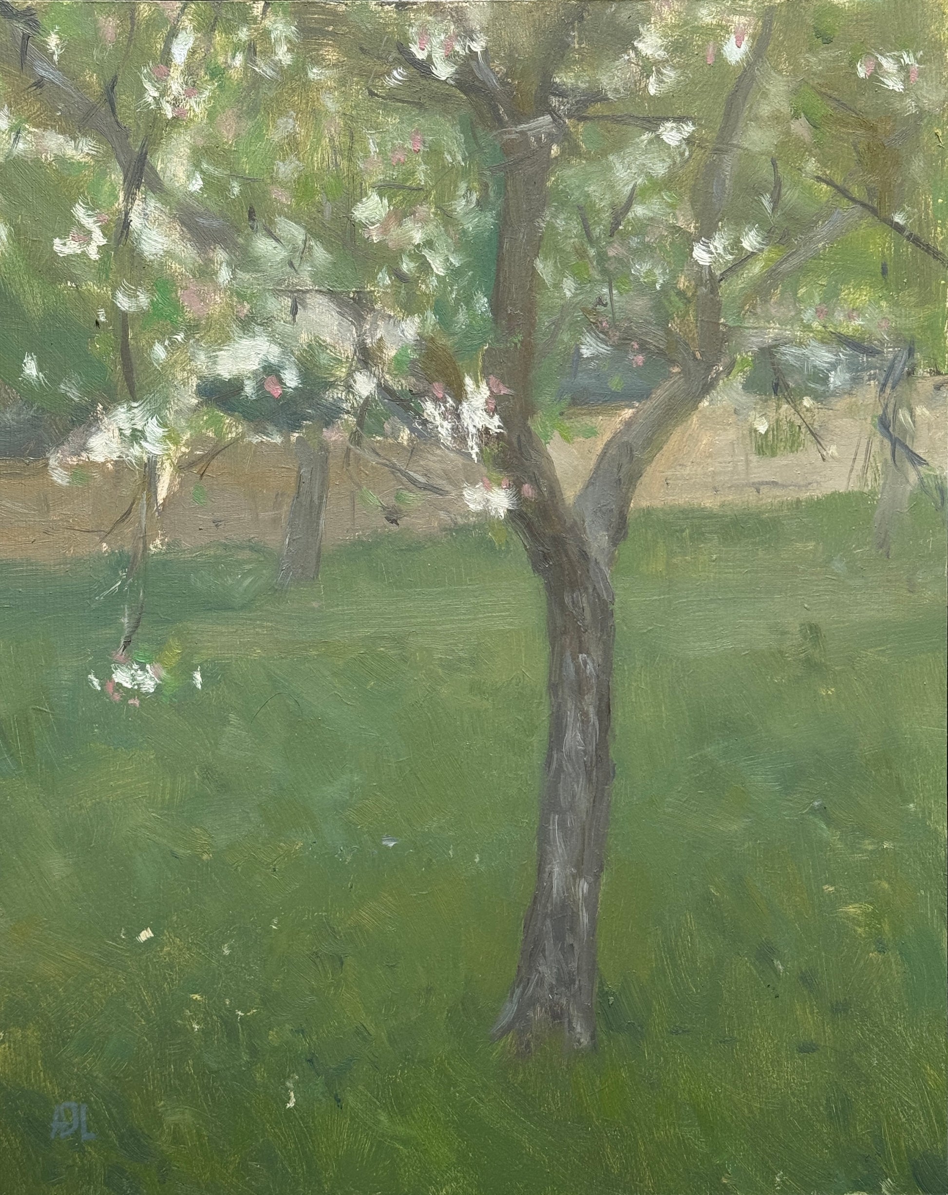 An impressionistic painting of a flowering apple tree in a grassy field, with white blossoms, green foliage, and a brown trunk, rendered in soft brushstrokes.