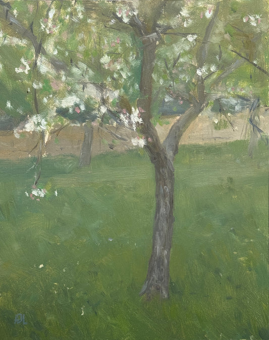 An impressionistic painting of a flowering apple tree in a grassy field, with white blossoms, green foliage, and a brown trunk, rendered in soft brushstrokes.
