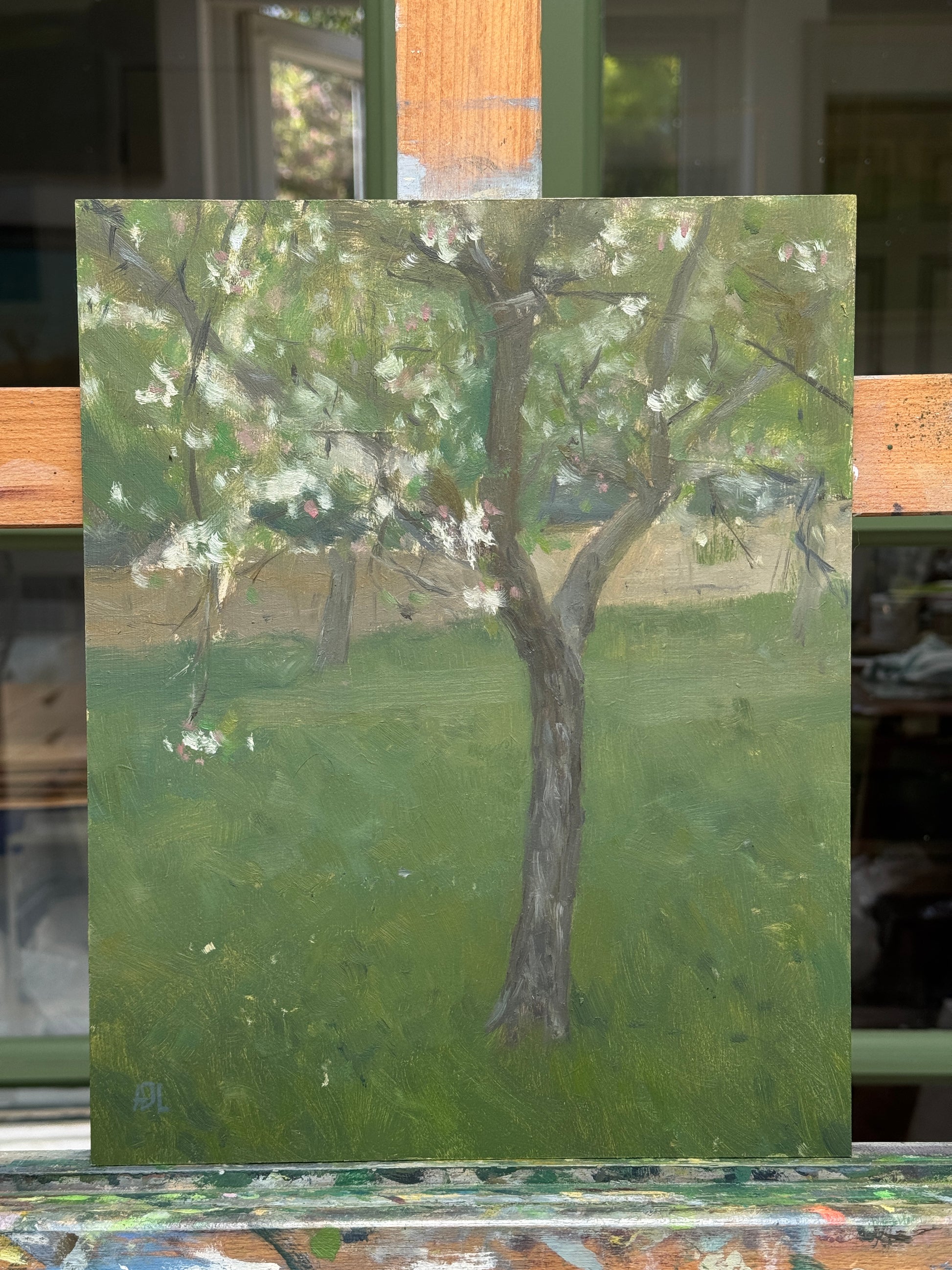 An oil painting of a flowering apple tree with white blossoms and a dark trunk, set against a green grassy field, displayed on an easel.