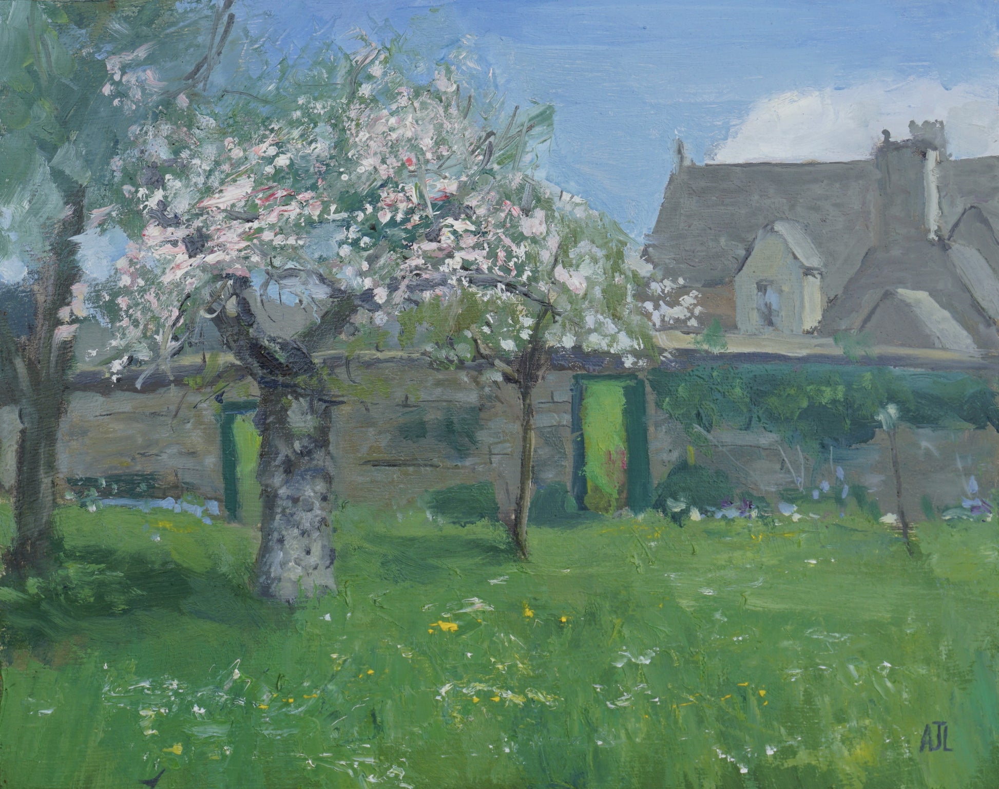 An original oil painting of Cogges Manor Farm, with the manor harm in the background behind a stone wall, and an orchard filled with just-blooming apple trees in the foreground. The artist has signed AJL in blue, for "Alex James Long", at the bottom right of the artwork. 