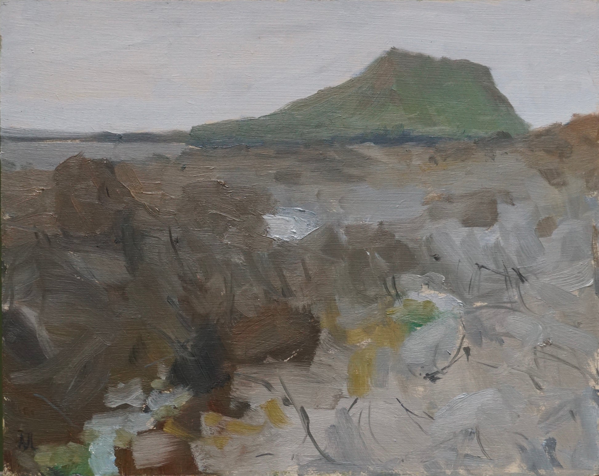 An original oil painting of rocks by the sea with an island in the background on a grey day.