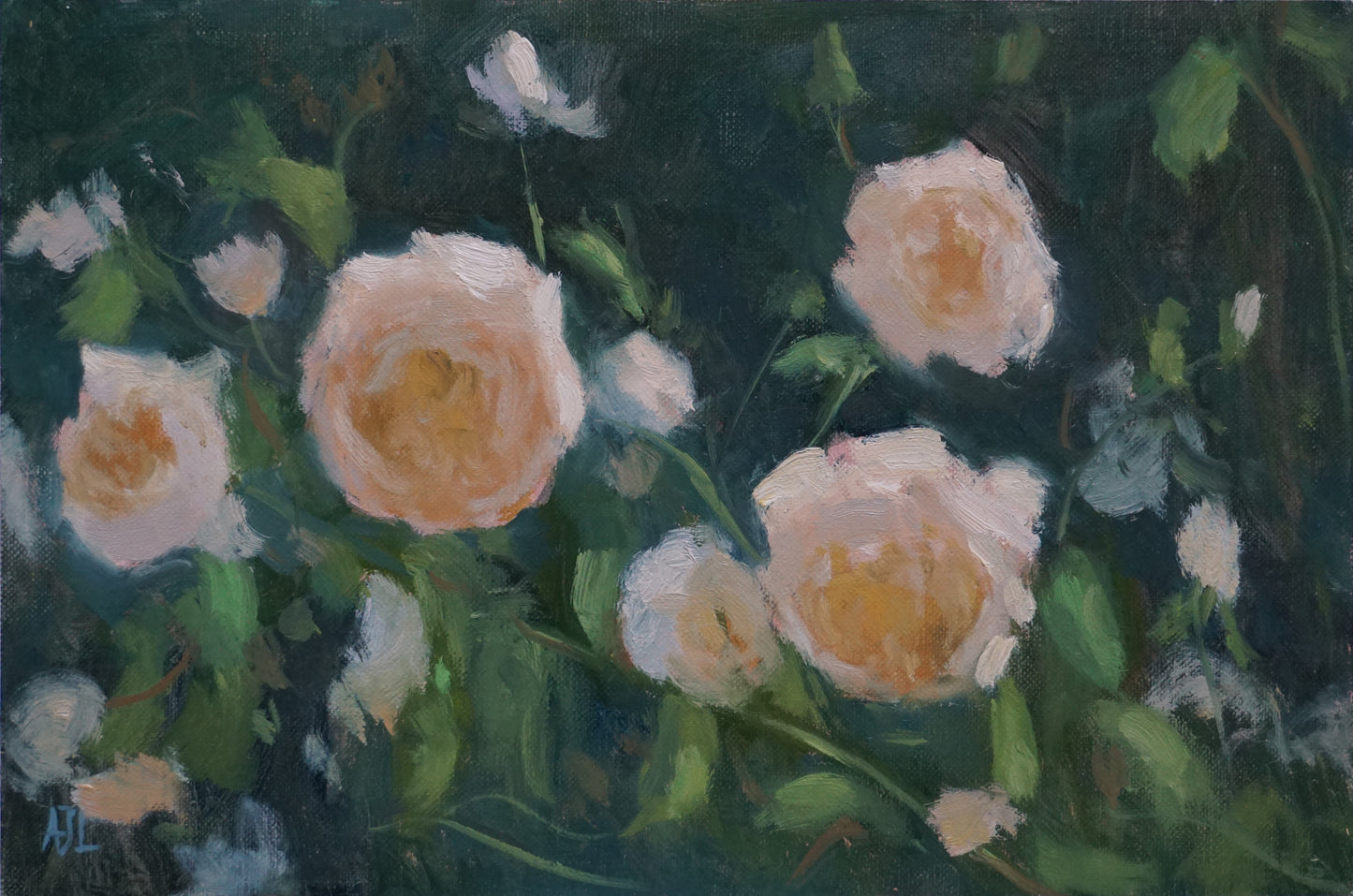 An original oil painting of roses in afternoon light.