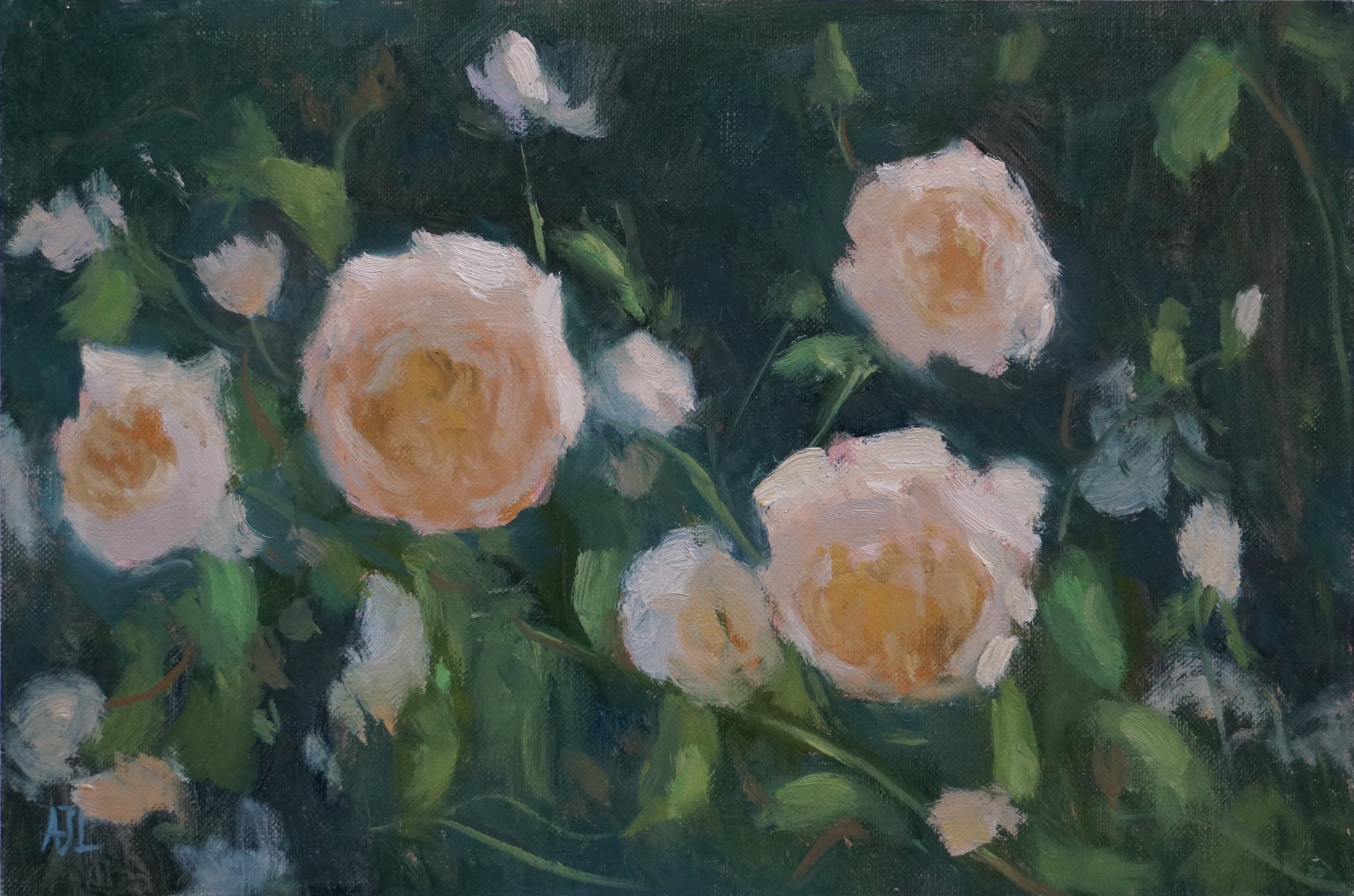 An original oil painting of roses in afternoon light.