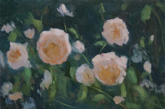 An original oil painting of roses in afternoon light.