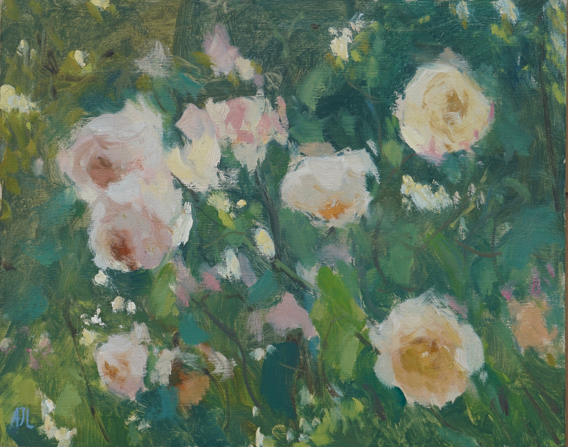 An original oil painting of pink and yellow roses with a green background. The artist has signed AJL in blue, for "Alex James Long", at the bottom left of the artwork.