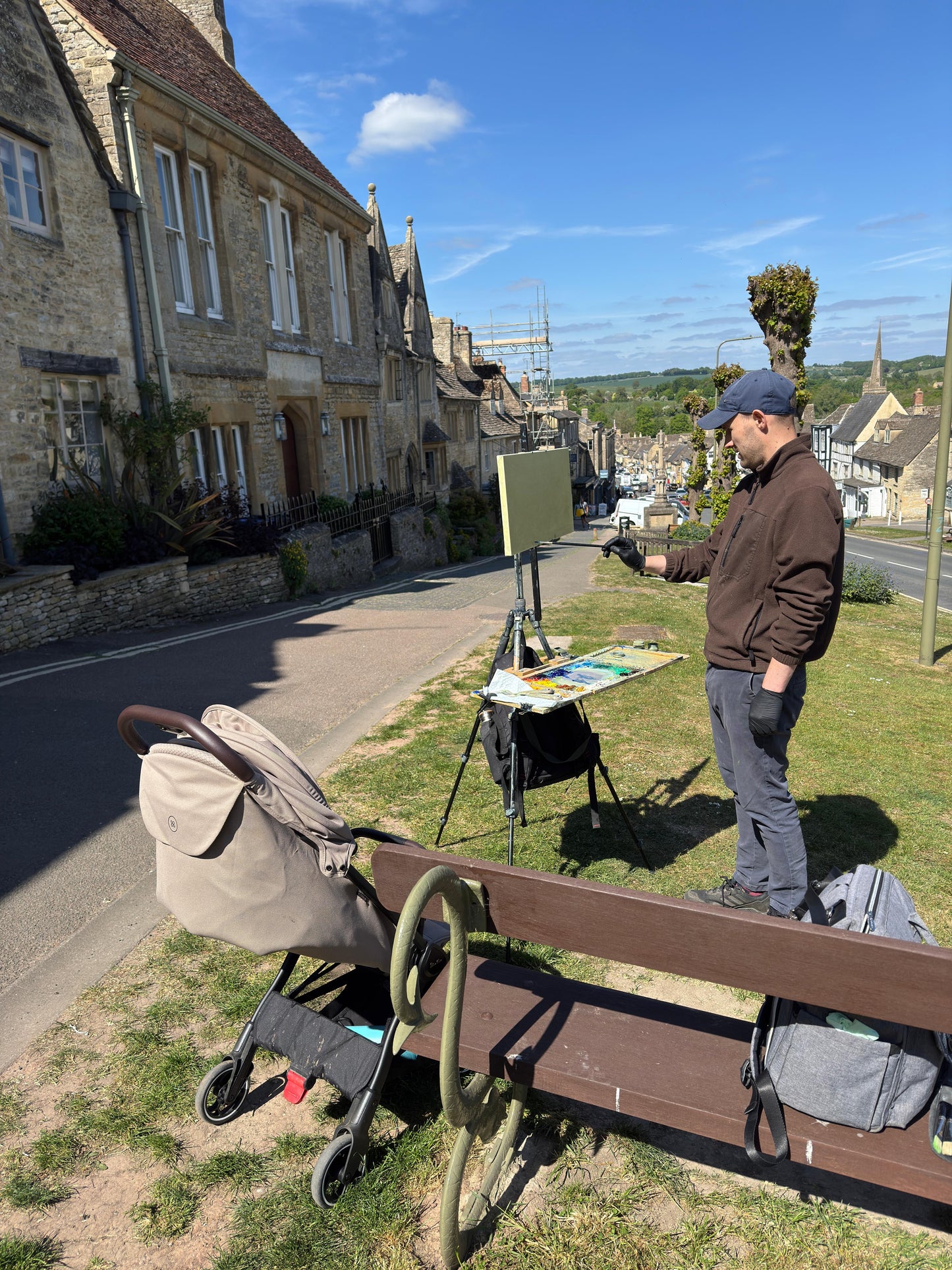 In the process of finding a composition for the painting, I'm standing next to my easel at the top of The Hill in Burford.