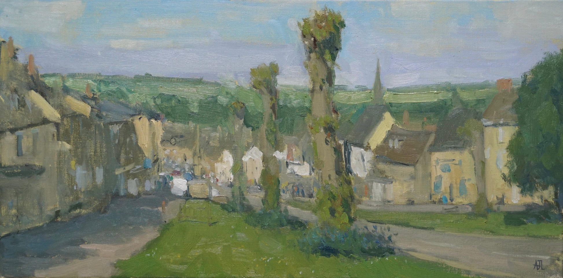 An original oil painting of an English town on a hill (Burford, Oxfordshire) centred on the pollarded trees lining the street. 