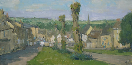 An original oil painting of an English town on a hill (Burford, Oxfordshire) centred on the pollarded trees lining the street. 