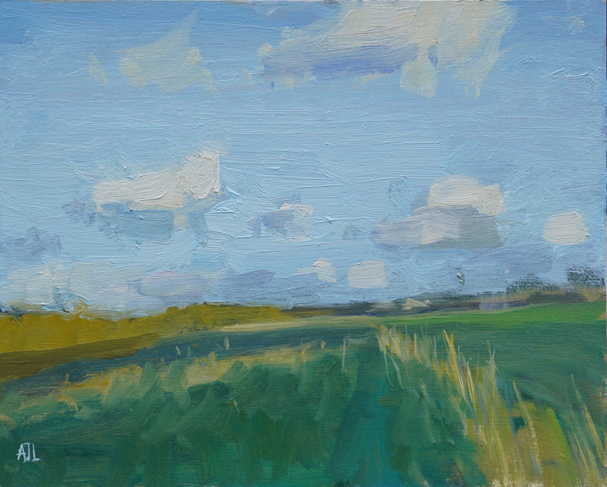 An original oil painting of a Cotswold lanscape with a sprawling field under a blue sky with fluffy white clouds. The artist has signed AJL in blue, for "Alex James Long", at the bottom left of the artwork.