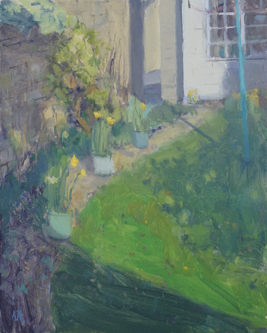 An original oil painting of a back garden.