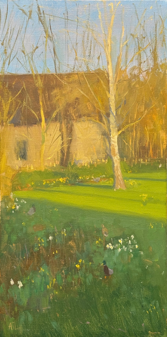 A vertical painting of early spring trees and blooming bulbs.