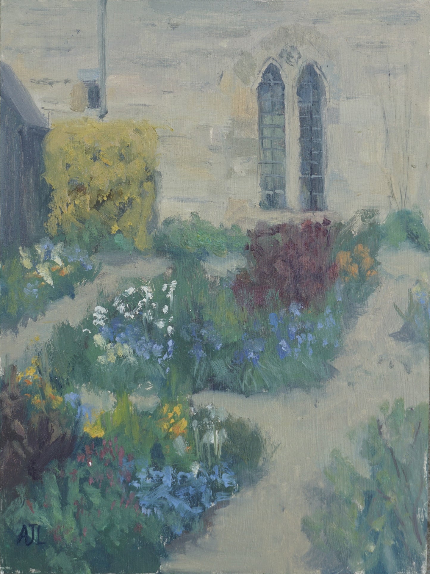 An original oil painting of the springtime walled garden besides Cogges Manor Farm, with the double arched windows of the kitchen visible in the background. The artist has signed AJL in blue, for "Alex James Long", at the bottom left of the artwork. 