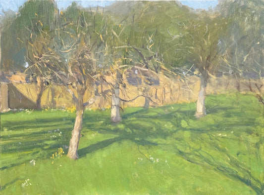 An impressionistic landscape painting depicting leafless apple trees in a grassy field with dappled shadows and a soft blue sky in the background.