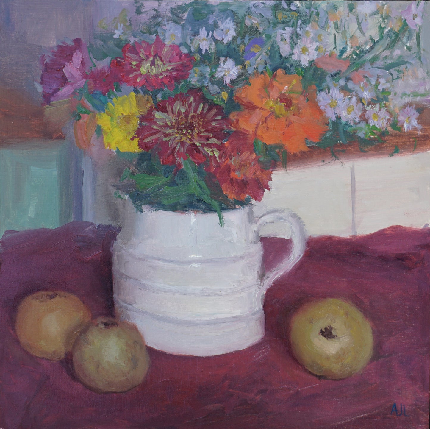 An original oil painting of flowers in a white ceramic jug, with 3 russet apples nearby.