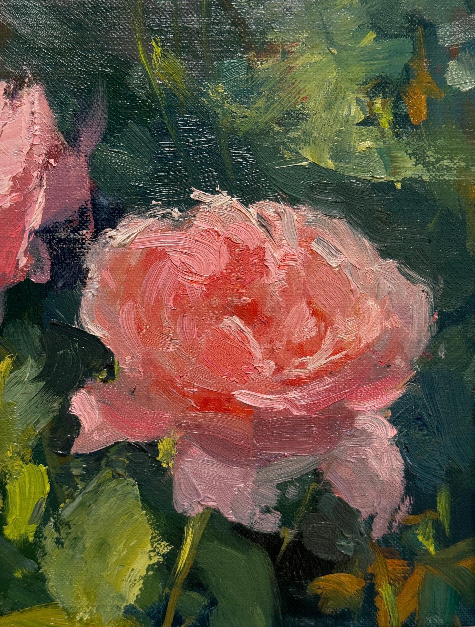 Painting of a pink rose with green leaves, close up.