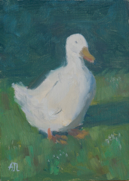 An original oil painting of a Cogges Manor Farm duck facing to the right, with its white plumage contrasting with the two-toned green ground. The artist has signed AJL in light blue, for "Alex James Long", at the bottom left of the artwork. 