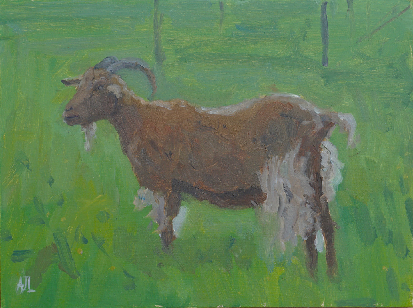 An original oil painting of a brown goat, facing to the left and gazing into the distance while standing in a field of green. The artist has signed AJL in light blue, for "Alex James Long", at the bottom left of the artwork. 