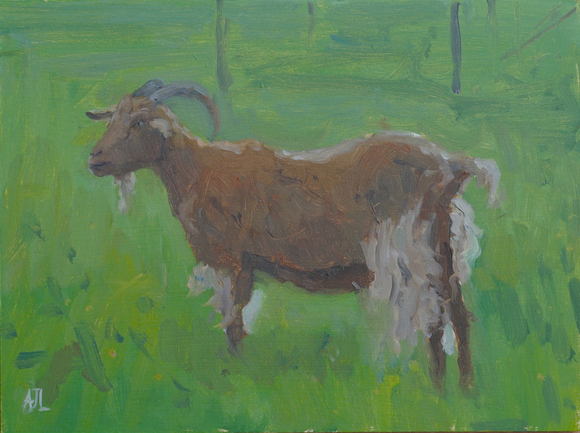 An original oil painting of a brown goat, facing to the left and gazing into the distance while standing in a field of green. The artist has signed AJL in light blue, for "Alex James Long", at the bottom left of the artwork. 