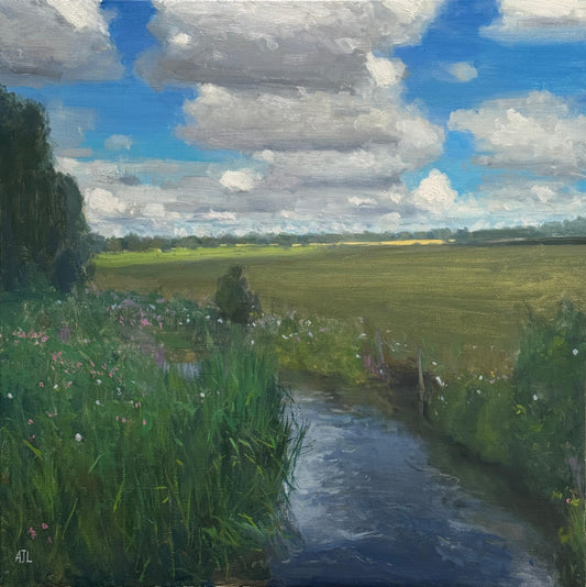 An original oil painting of a stream running through a field with reeds and flowers blooming along its banks, and a blue sky with fluffy white clouds above. The artist has signed AJL, for "Alex James Long", at the bottom left of the artwork. 