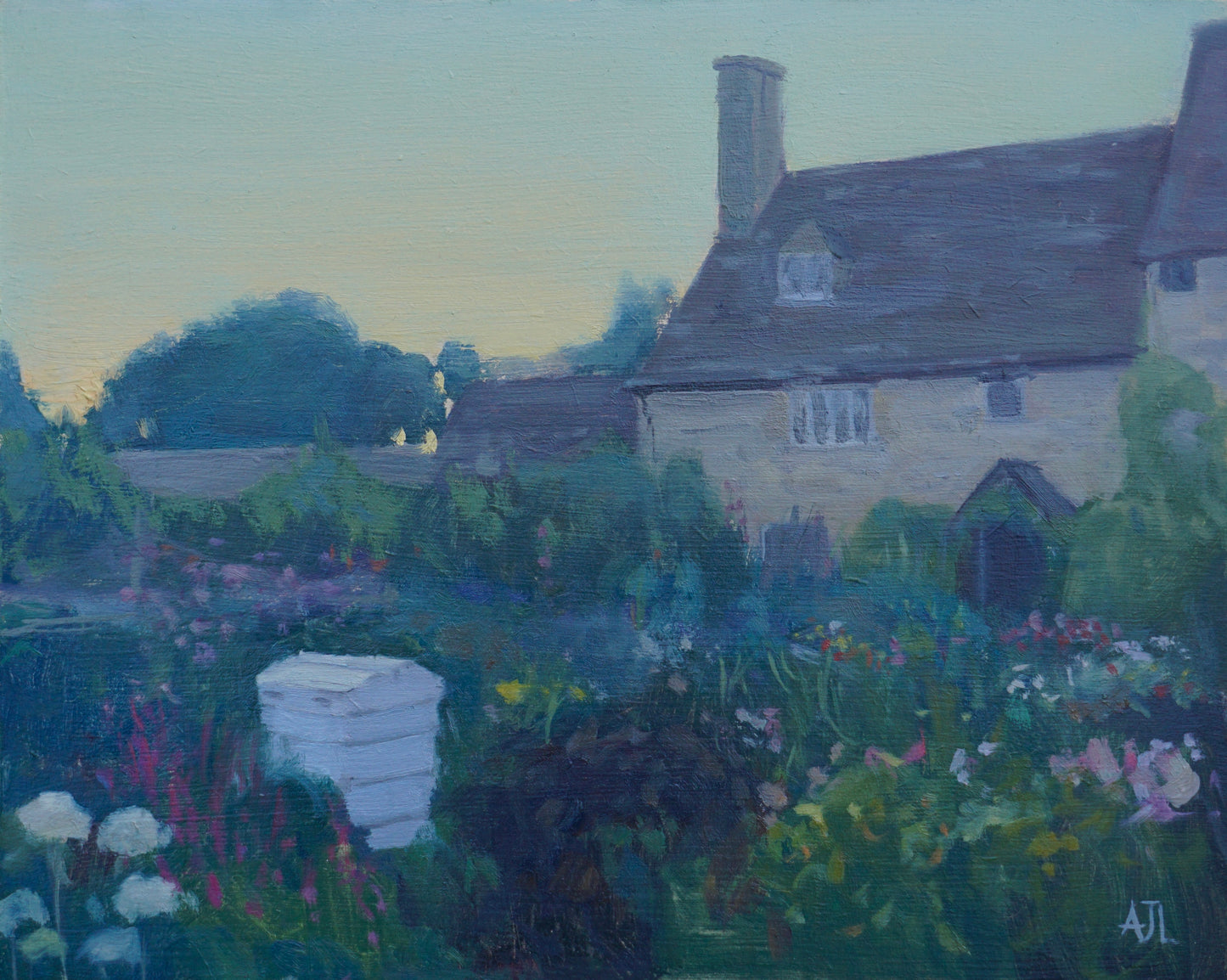 An original oil painting of the summer sun setting behind Cogges Manor Farm in Witney, with the walled garden in the foreground filled with blooming flowers. The artist has signed AJL in light blue, for "Alex James Long", at the bottom right of the artwork. 