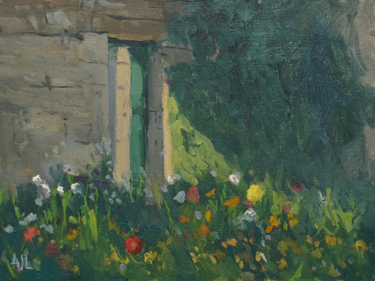 An original painting of the walled garden at Cogges Manor Farm in the summertime, with a bed of blooming flowers at the bottom of the painting and a just-opened green door in a wall as the focal point. The artist has signed AJL in blue, for "Alex James Long", at the bottom left of the artwork. 