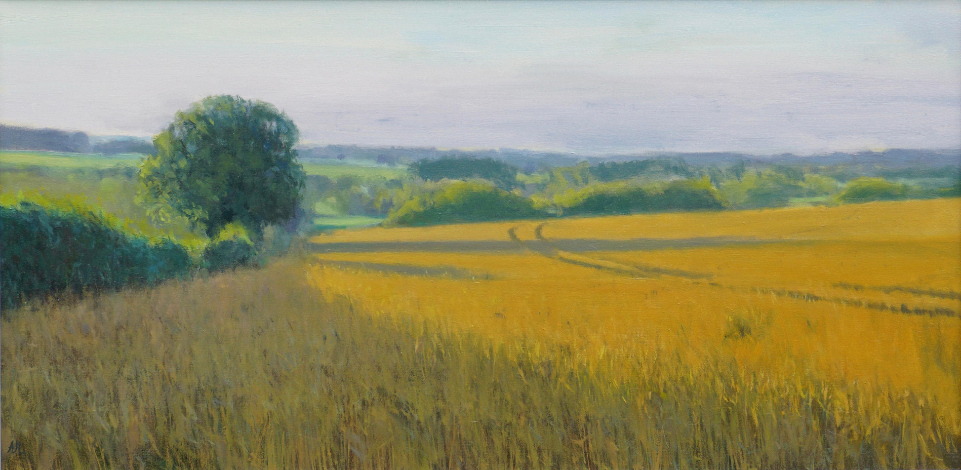 An oil painting of a golden field with tractor marks running through it in the early morning light.