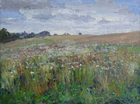 An original oil painting of a sloping field of colourful, blooming wildflowers painted in an impressionistic style. 