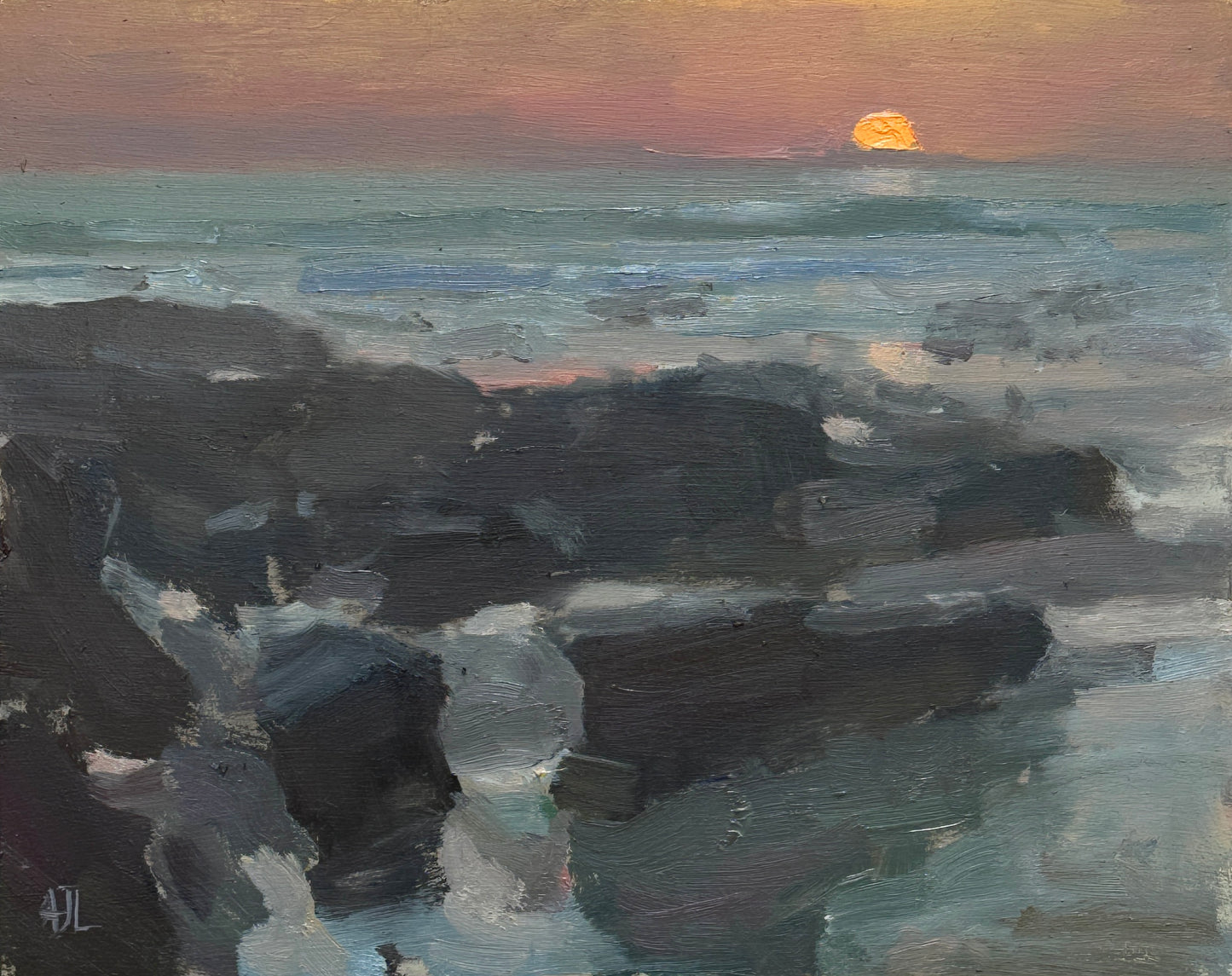 An original oil painting of a sunset on the Cornish coast.