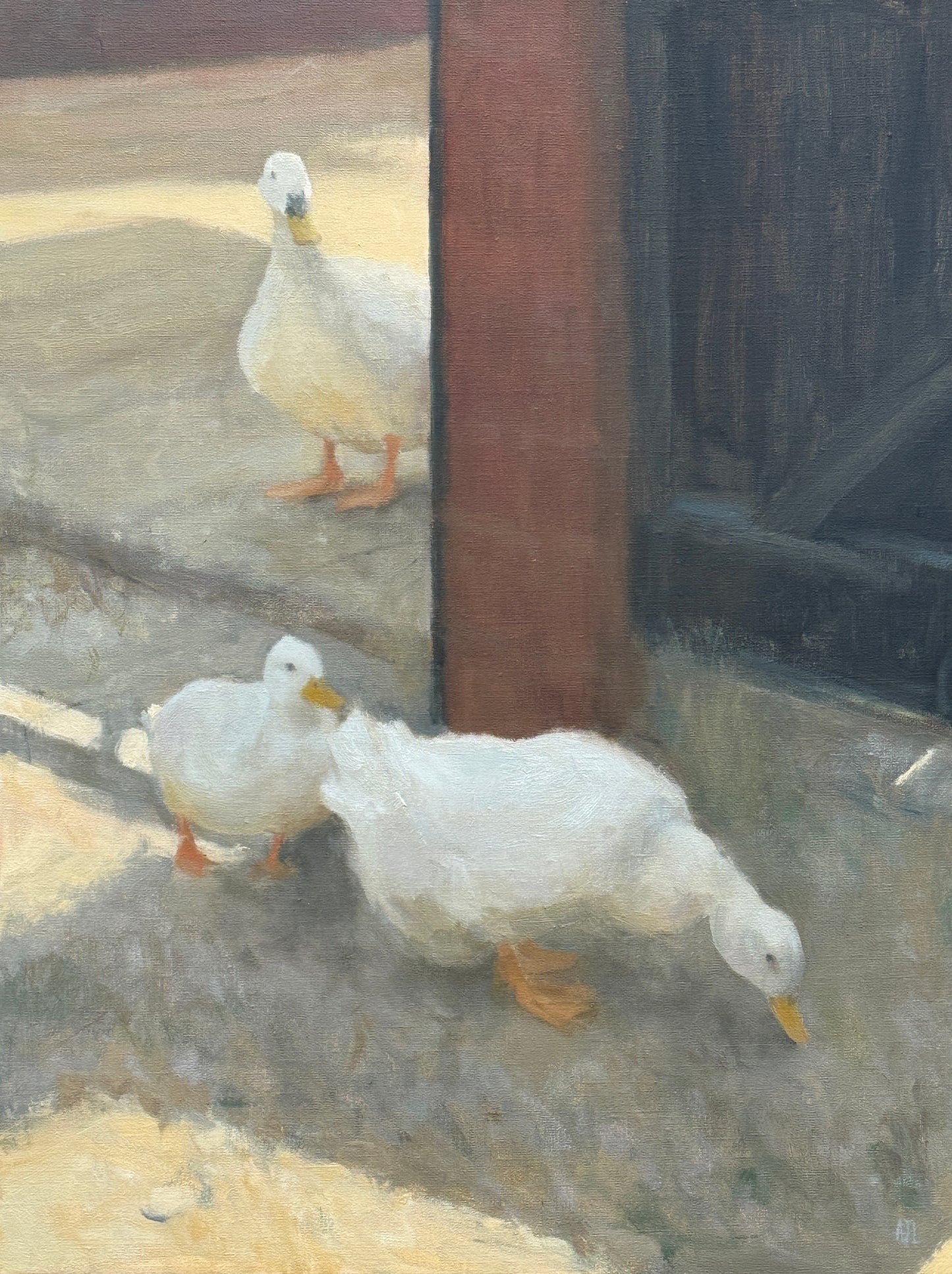 An oil painting depicting three white ducks on a stone ground next to a reddish-brown wooden post and dark doorway gate.