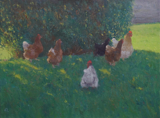 An original oil painting of a flock of many-coloured chickens in the shade of a large shrub with some dappled sunlight breaking through to the green grass. The artist has signed AJL in blue, for "Alex James Long", at the bottom left of the artwork. 