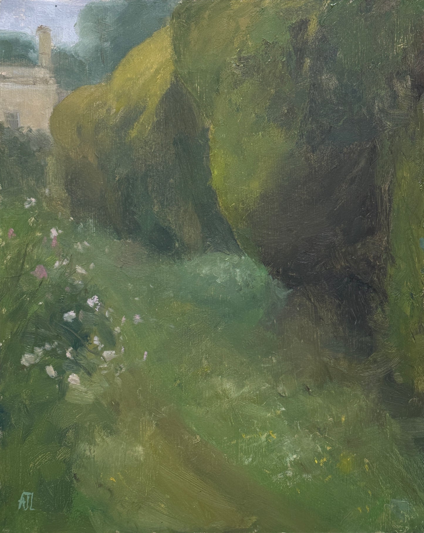 An original artwork of a towering hedge with a path leading by it to the left.