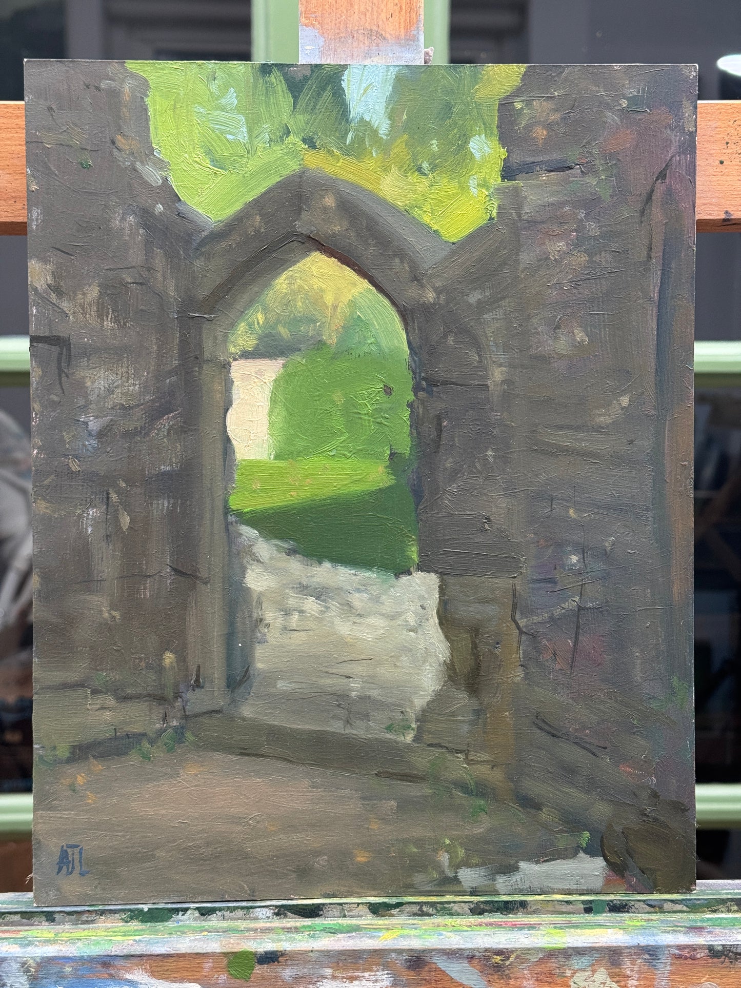 The original artwork on the artist easel seen from the front.