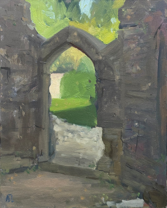 An original oil painting of a doorway in ruins.