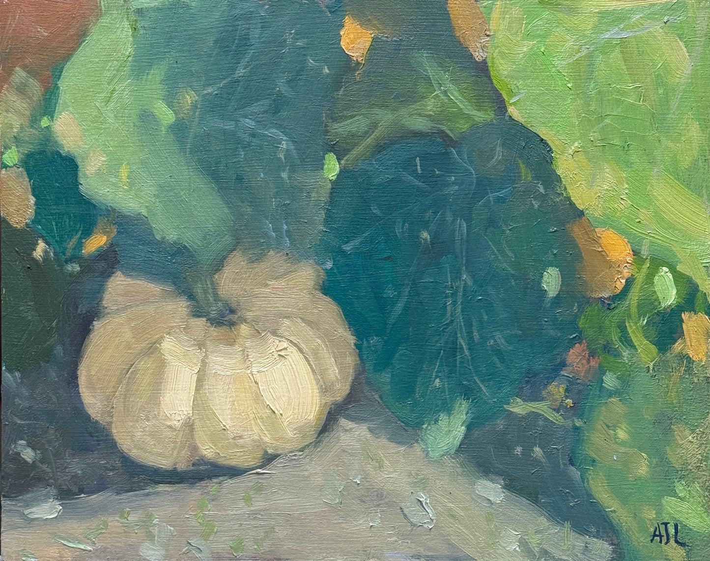 An original oil painting of a small yellow pumpkin growing under large green leaves in an autumnal pumpkin patch.