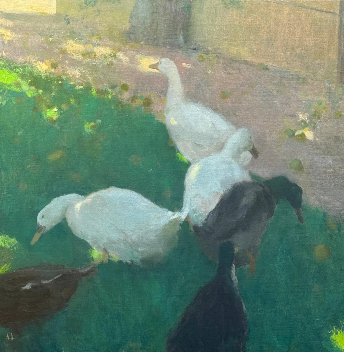 An impressionistic oil painting of several ducks in a garden setting, featuring white, black, and brown ducks on a green lawn with a beige stone wall in the background.