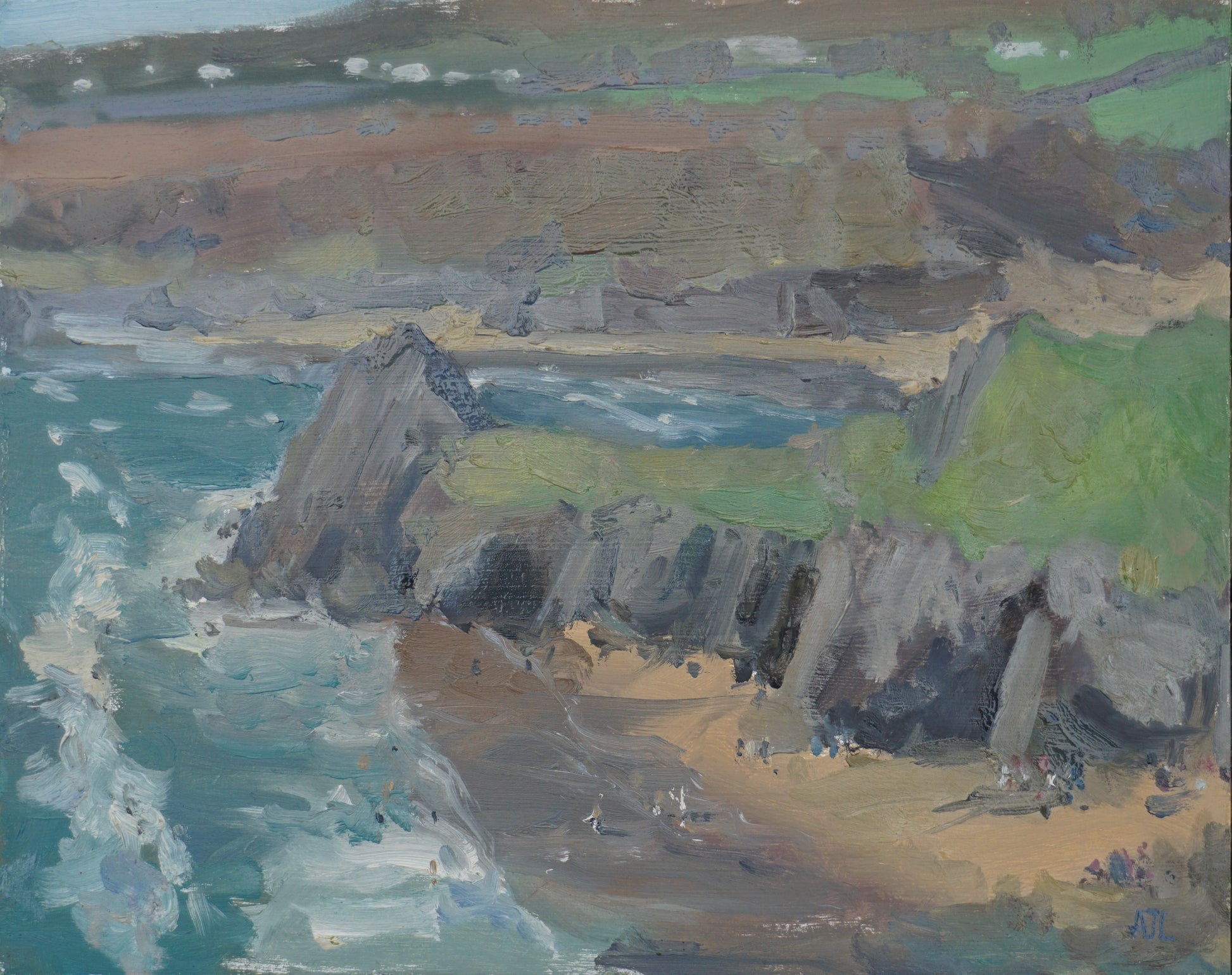 An original oil painting of the coastline as seen from a distance above at Three Cliffs Bay on the Gower in Wales. Waves are crashing upon the beach from the left, and little dots of people are basking in the sun. The artist has signed AJL in blue, for "Alex James Long", at the bottom right of the artwork. 