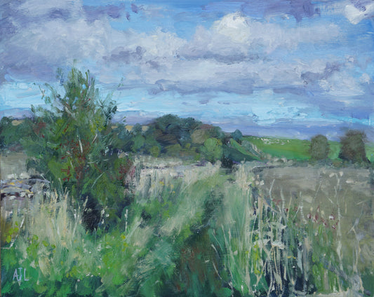 Painting depicting an autumn scene with a bright blue cloudy sky and fields in the foreground. The artist has signed AJL in blue, for "Alex James Long", at the bottom left of the artwork. 
