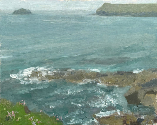 An original landscape painting of waves on a rocky coastline as seen from above.