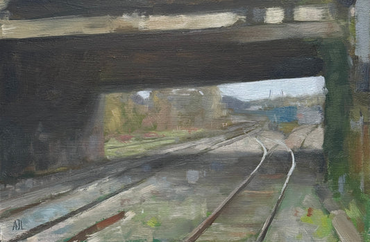 An original oil painting of train tracks.