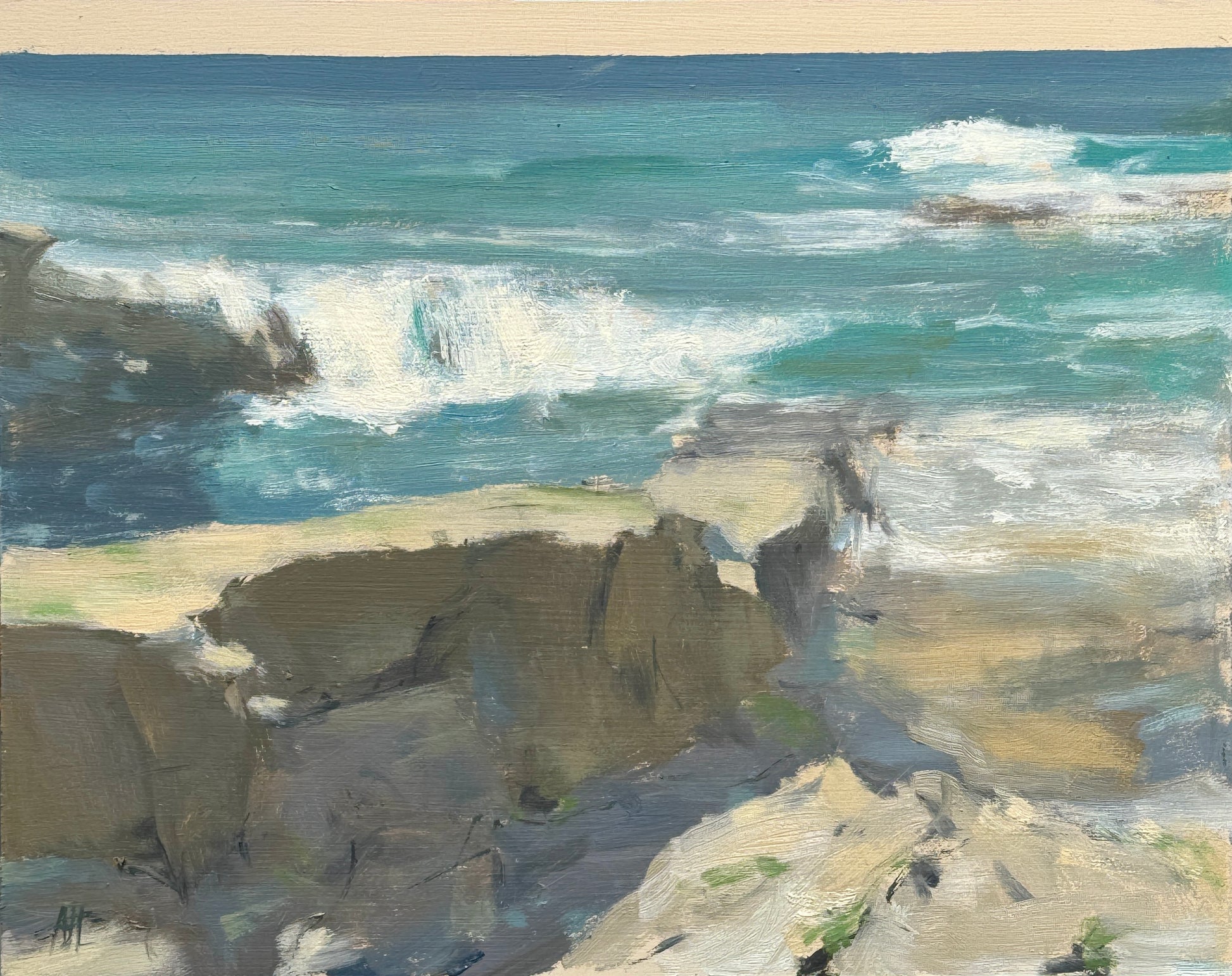 An impressionistic painting of a rocky coastline with turquoise and blue ocean waves crashing against dark and sandy rocks.