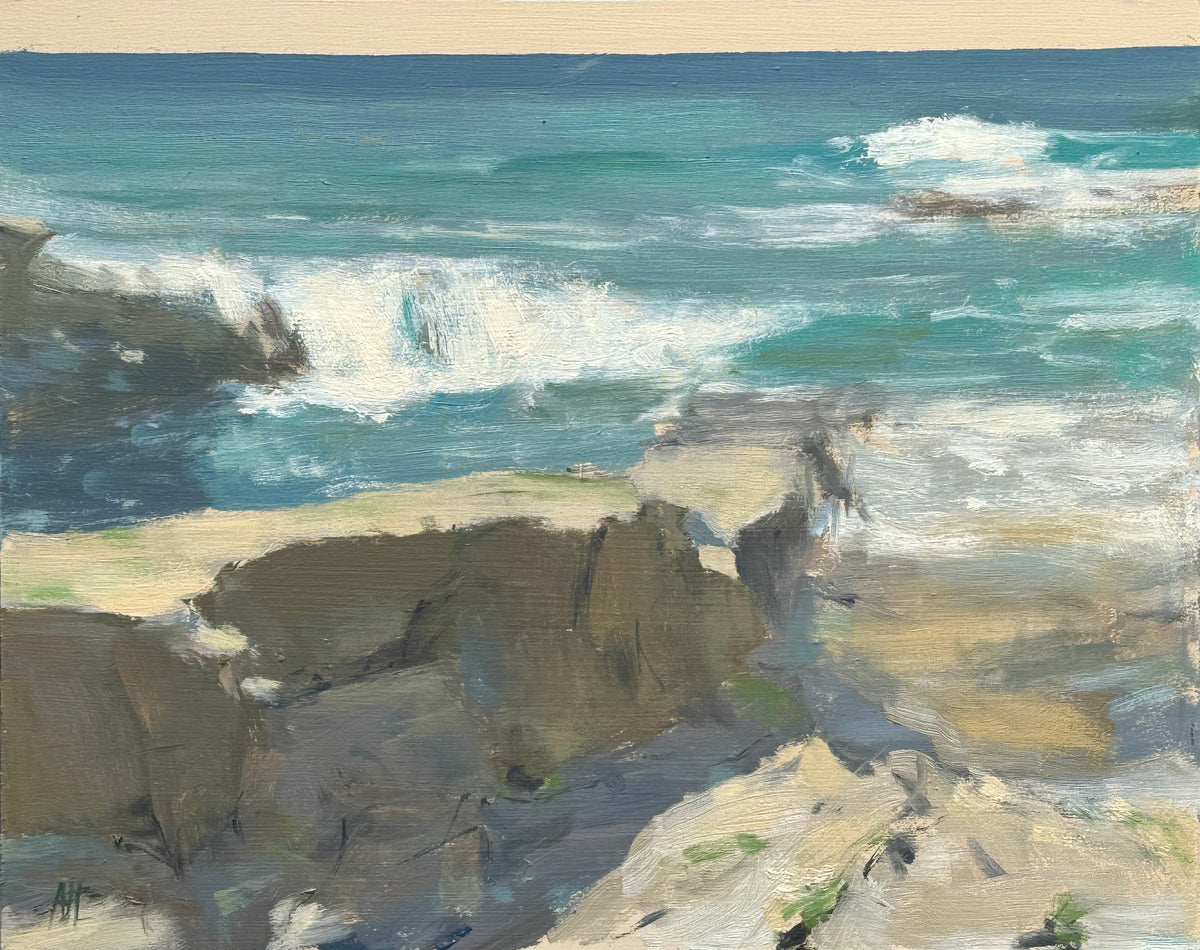 An impressionistic painting of a rocky coastline with turquoise and blue ocean waves crashing against dark and sandy rocks.