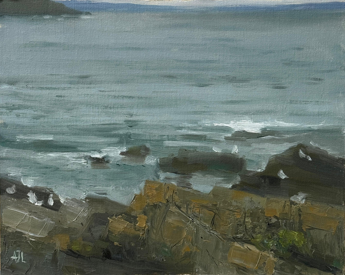 An original oil painting of a coastal scene with rocks and water in Wales.