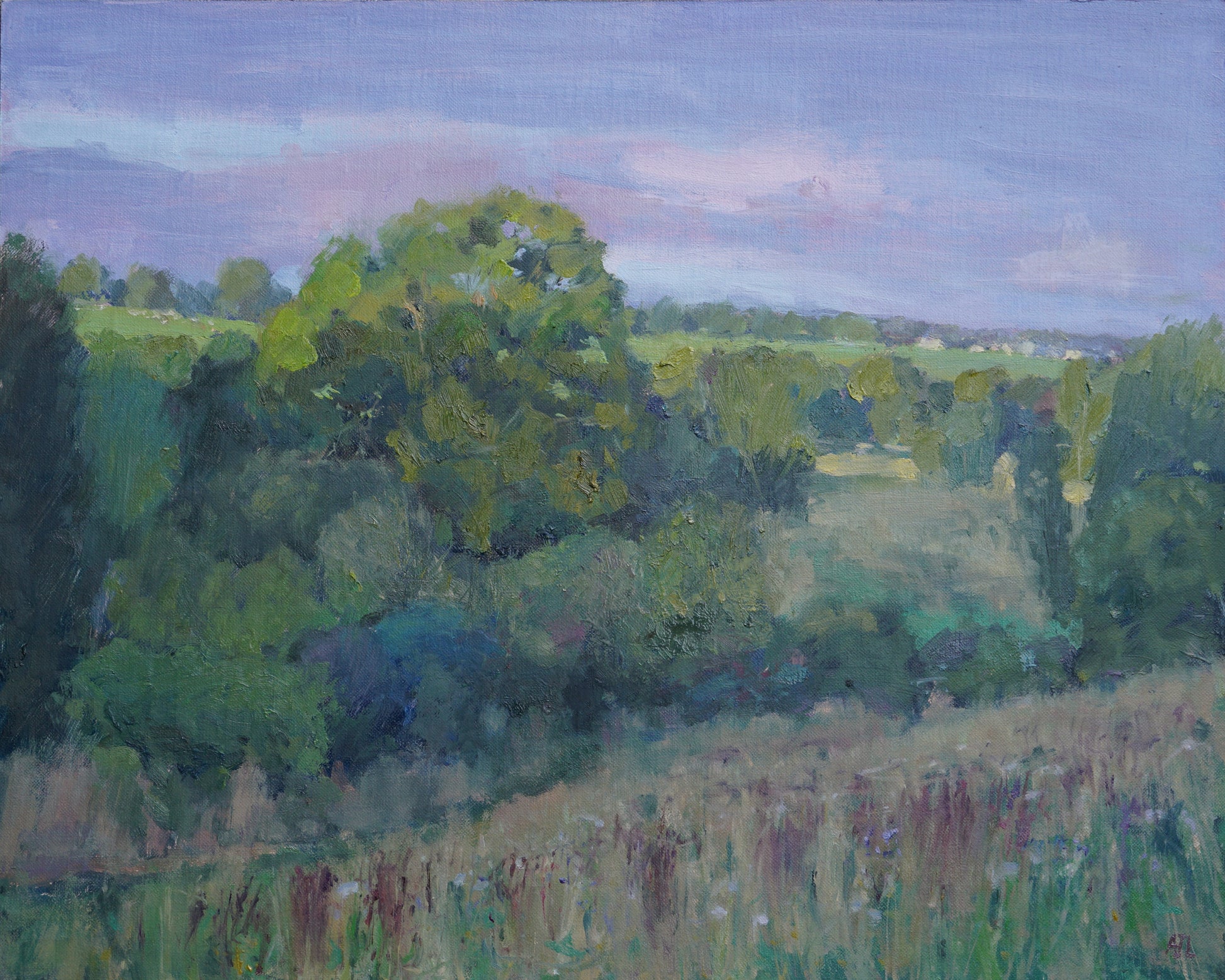 An original oil landscape painting, showing the evening light hitting a large oak tree in the near distance and fields and houses in the far distance. The artist has signed AJL in red, for "Alex James Long", at the bottom right of the artwork. 