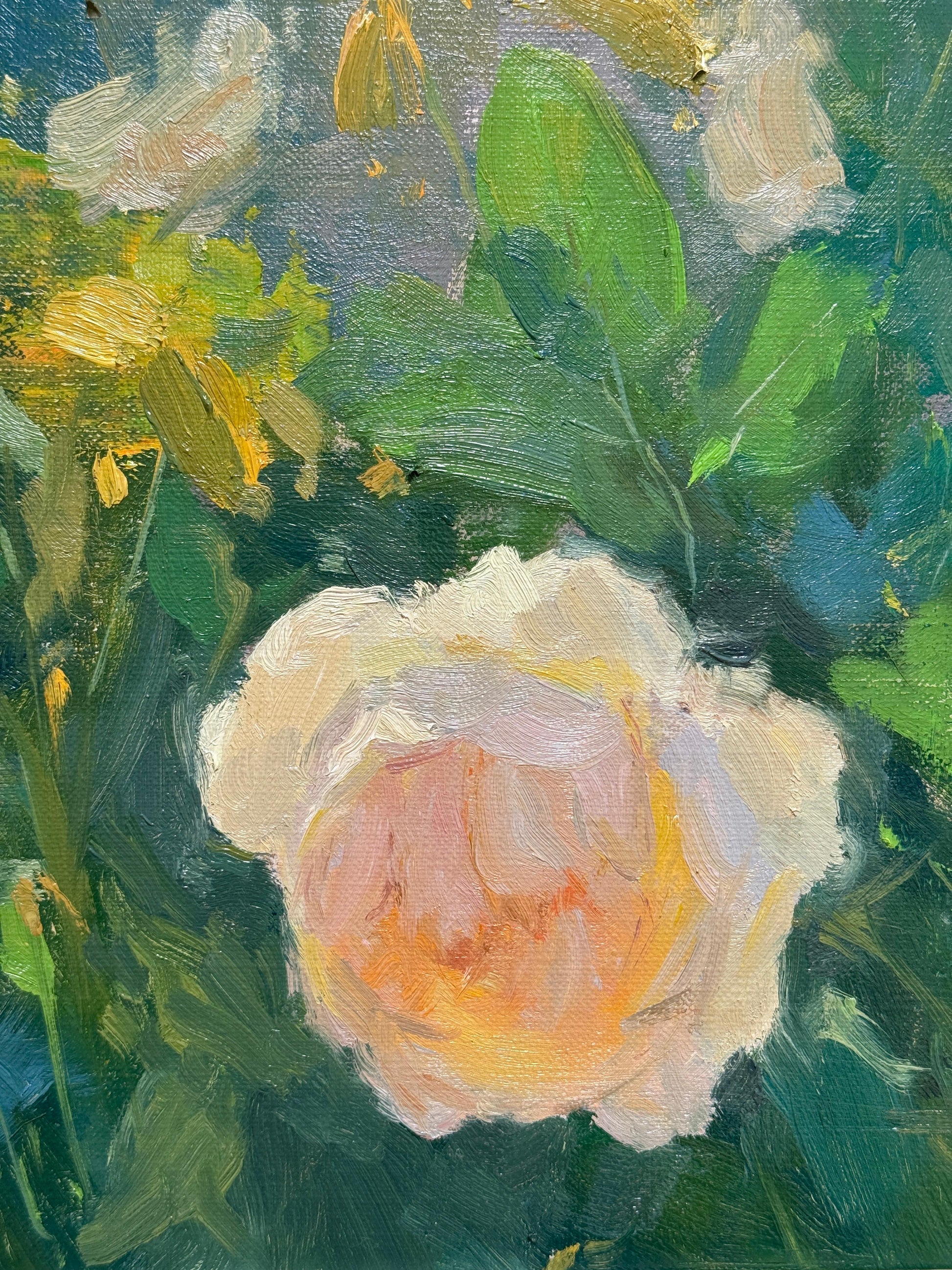 Oil painting of a rose with green leaves close up.