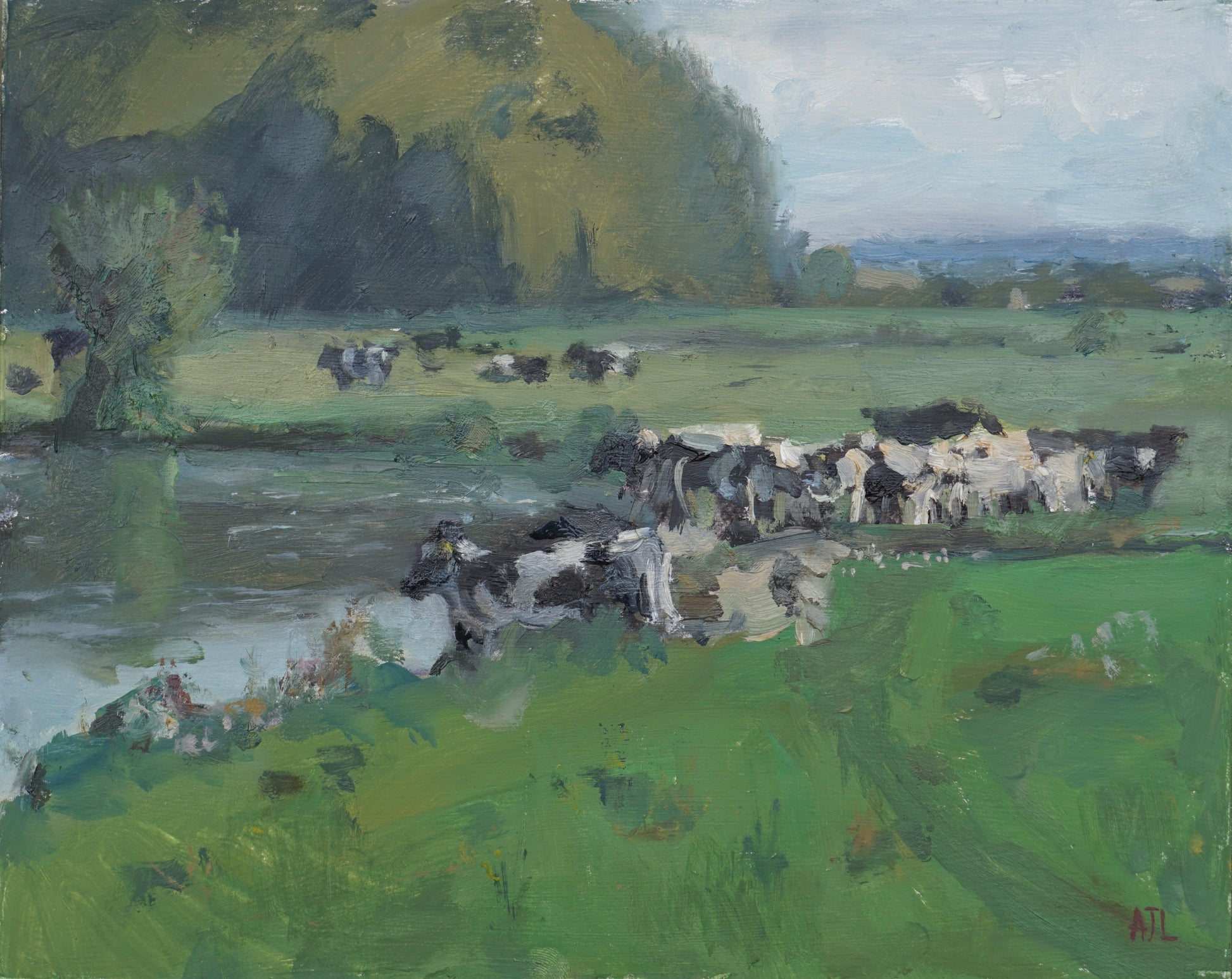 Paining depicting a herd of black and white cows by the river