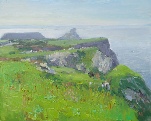 Oil painting depicting the cliffs at Rhossili bay with Worm's Head in the distance.