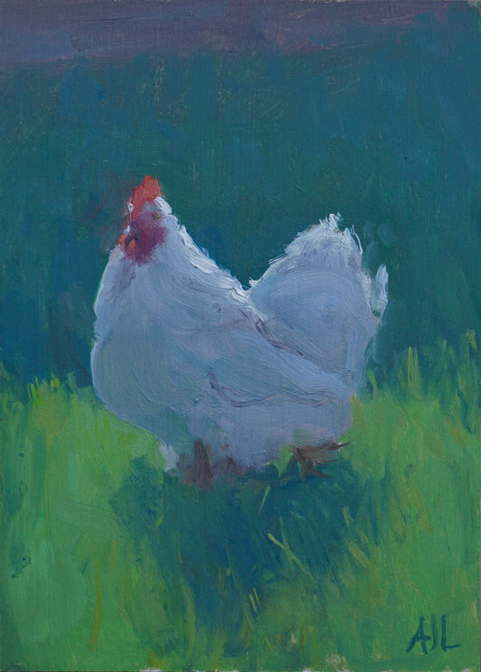 An original oil painting of a Cogges Manor Farm chicken, with its red head and white plumage contrasting with the two-toned green ground. The artist has signed AJL in blue, for "Alex James Long", at the bottom right of the artwork. 