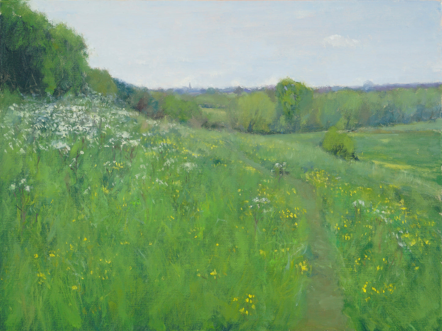 An original oil painting of a field in the Cotswolds, with a path cutting through the long grasses and flowers on a gentle slope. The vibrant greens of the painting stand out against a calm sky. 